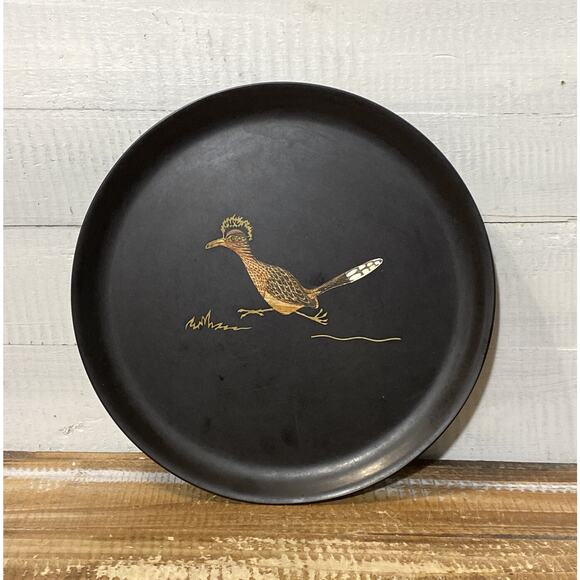Vintage Couroc of Monterey Plate – Inlaid Road Runner Bird Black MCM 10.5" - Picture 1 of 10